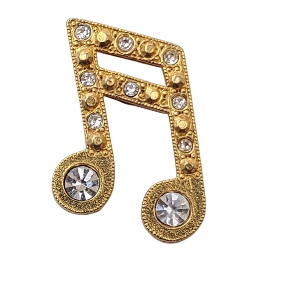 Gold Tone Musical Note Rhinestone Lapel Pin Music Theme Costume Jewelry - Picture 1 of 5